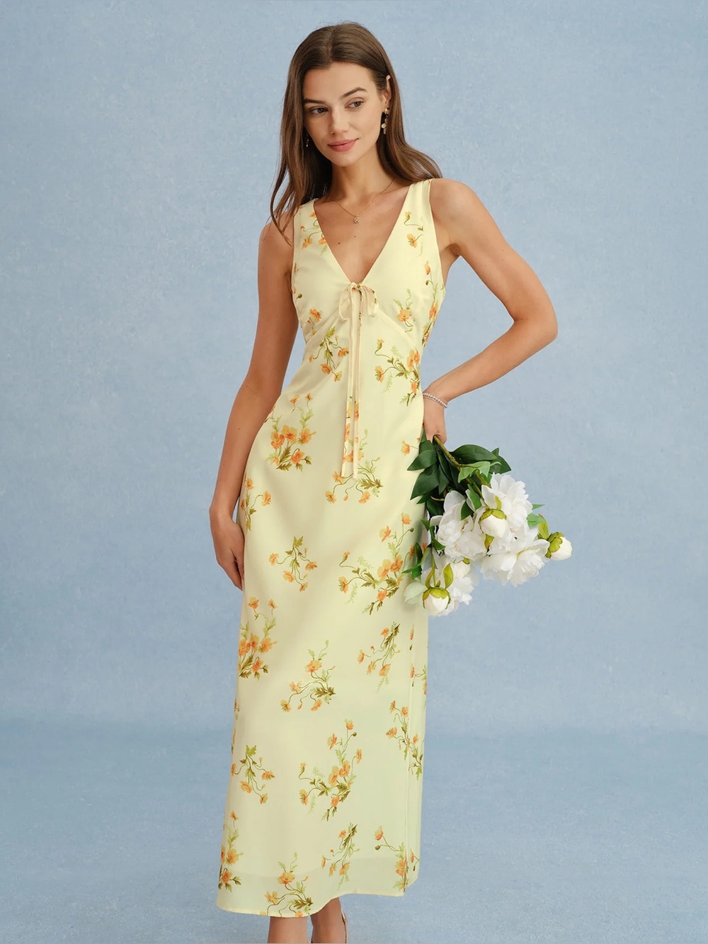 Rihoas Yellow V Neck Floral Chiffon Maxi Dress